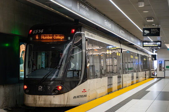 View of Line 6 Finch West Line train at platform. Toronto, Canada - February 16, 2026.