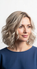 Fototapeta premium Portrait of a smiling woman with a wavy blonde bob haircut. Vertical shot of a caucasian female with a stylish shoulder-length hairstyle looking away. Hair salon and beauty concept
