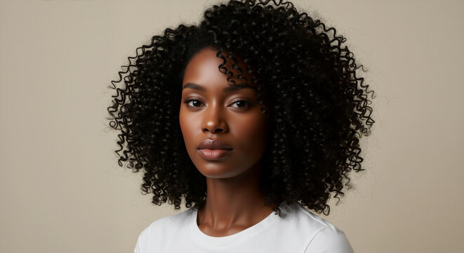 Portrait of a young Black woman with natural curly hair. African female model with healthy dark skin and afro hairstyle