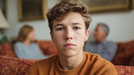 Fototapeta premium Close-up portrait of a young boy sitting on a couch in a living room. he is looking directly at the camera with a serious expression on his face.