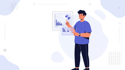 Obraz premium Man pointing at data charts on a screen, business analytics and strategy concept
