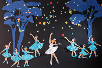 Paper cut ballerinas dancing dark night forest colorful confetti stars ballet performance theater background handmade art craft childhood dream nursery illustration creative hobby school project © Elena