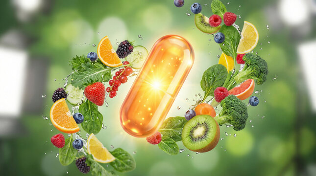 Golden vitamin capsule with flying fresh fruits and vegetables, creative concept of food supplement for healthy lifestyle, multivitamin and organic nutrition background