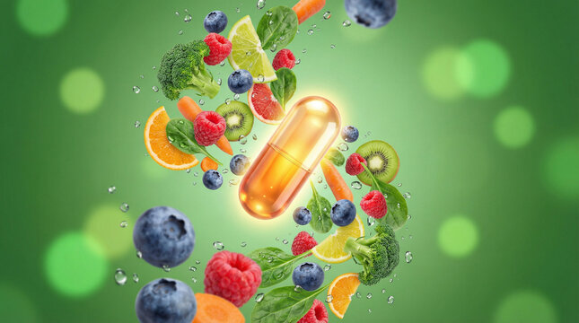 Golden vitamin capsule with flying fresh fruits and vegetables, creative concept of food supplement for healthy lifestyle, multivitamin and organic nutrition background