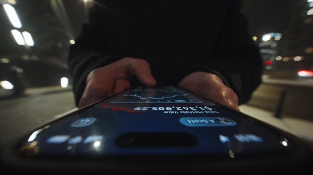 Close-up wide angle male hand holding smartphone. Man using phone outdoors in the street. Financial app showing declining portfolio value and falling charts. Camera locked at device screen