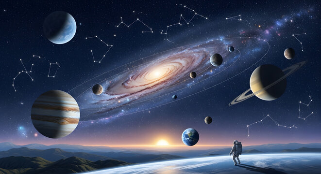 AI ILLUSTRATION - Science illustration depicting the outer space with a spaceman, constellation, galaxy, and solar system hovering over the sky. Usable for education, science,or space related projects