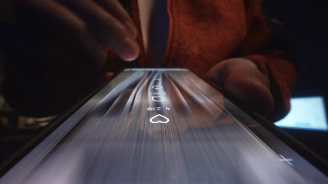 Extreme close-up male finger scrolling smartphone screen in deep darkness at night. Swiping finger, motion blur on phone screen. Evening online browsing, digital content consumption