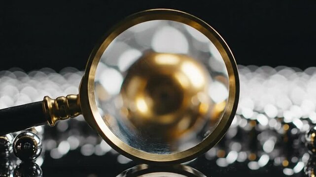 Close-up of Brass Magnifying Glass Focusing on Glowing Gold Sphere among Silver for Business Target Concept