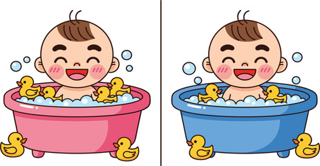 Cute Baby Bathing Cartoon Vector Illustration with Happy Infant in Bathtub and Rubber Ducks for Kids Hygiene, Parenting, and Child Care Design