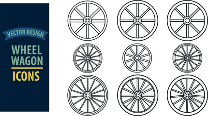 Set of vintage wooden wagon wheel vector icons in line art style for transportation travel and western design © tofajjol studio