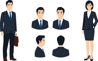 Fototapeta premium Business People Character Illustration Set with Professional Man and Woman in Formal Office Attire for Corporate Presentation and Workplace Design