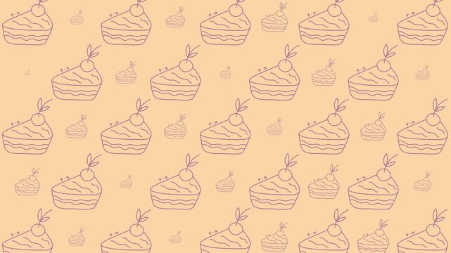 Food doodle pattern pie slice drawings on peach background, perfect for kitchen decor, food packaging, or culinary website design. Whimsical and charming.