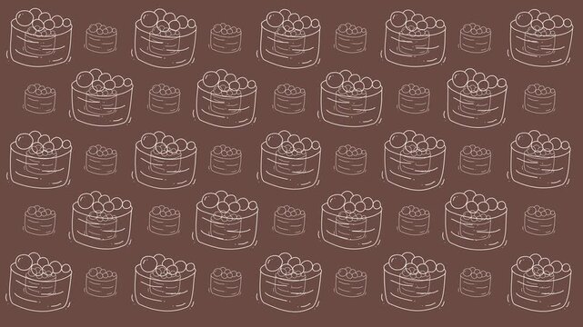 Food doodle pattern of sushi drawings in white lines on a brown background. Suitable for menus, packaging design, and foodrelated marketing materials.