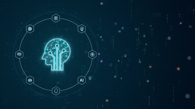 Motion graphic of artificial intelligence head interface with neural network and machine learning icons forming a circular digital technology ecosystem for business innovation video background.