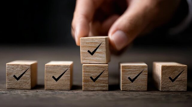 Hand arranging wooden blocks with checkmarks in a row.