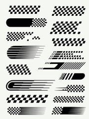 set checkered flag designs, racing stripe speed illustration pack for motorsport events cars trucks subs branding promotional materials and creative automotive graphic applications.