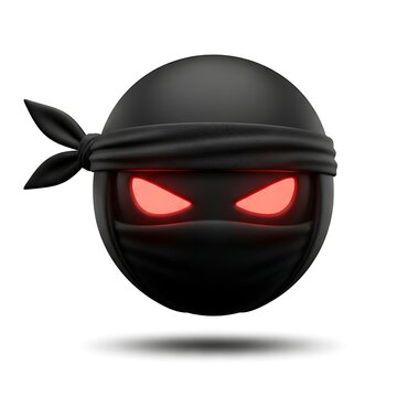 A menacing black ninja emoji character with glowing red eyes peeks out from under a dark fabric mask and headband.