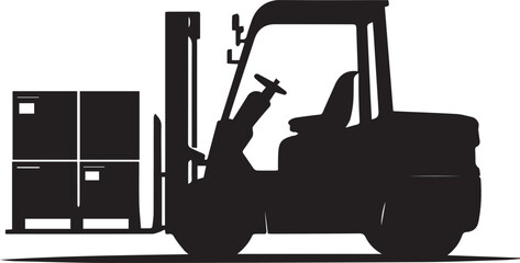 Silhouette of a forklift lifting a pallet of boxes inside a geometric warehouse . Black silhouette forklift vector silhouette © Nazia