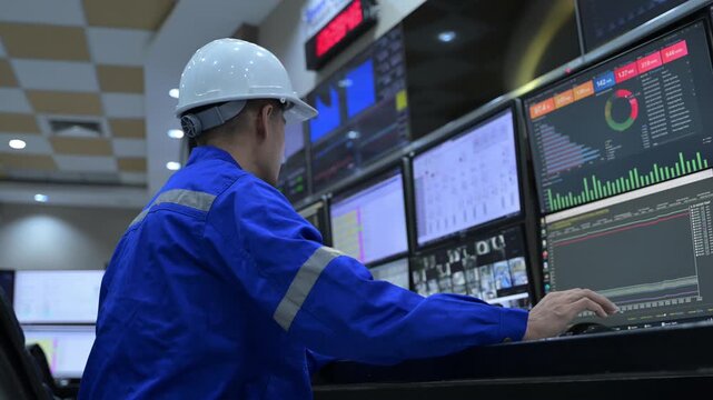 Engineer computer working at control room,Manager control system,Technician man monitoring program from a lot of monitor