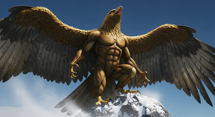 Fototapeta premium Majestic eagle with muscular physique standing on snowy mountain peak