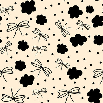 Coquette Bows Background, Seamless pattern featuring black bows, flowers and dots on a beige background for fabric and wallpaper designs