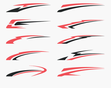 set of red and black abstract geometric stripes, modern vector car wrap elements for vinyl decals vehicle graphics advertising marketing and creative automotive design applications.
