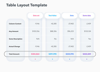 Minimalist and modern table layout with four options and a total amount row. Presentation template for clear and effective data visualization.