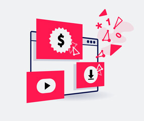 Adware symbol with an application window and many popup advertising windows. Easy to use for your website or presentation.