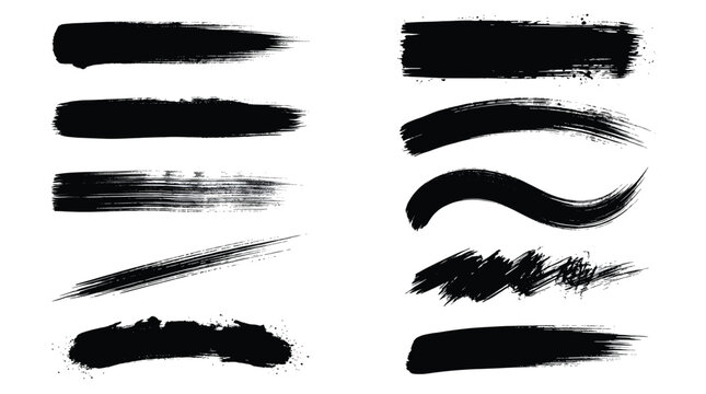 Ink brush stroke icon set, diverse collection, black silhouette style, straight lines, curved swipes, splatter effects, and textured marks.