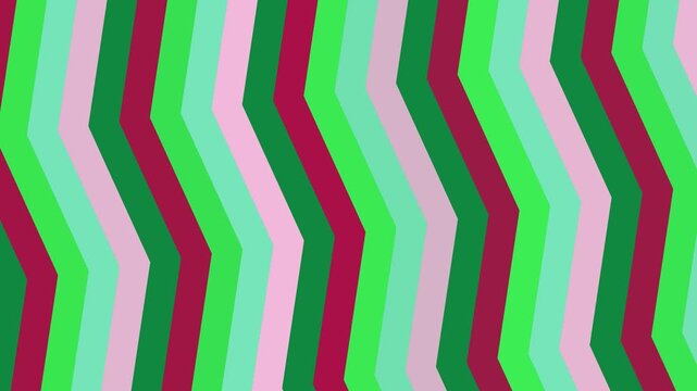 Animated geometric zig-zag pattern in vibrant green, pink and red colors moving horizontally. Creating a dynamic and eye-catching visual animation.