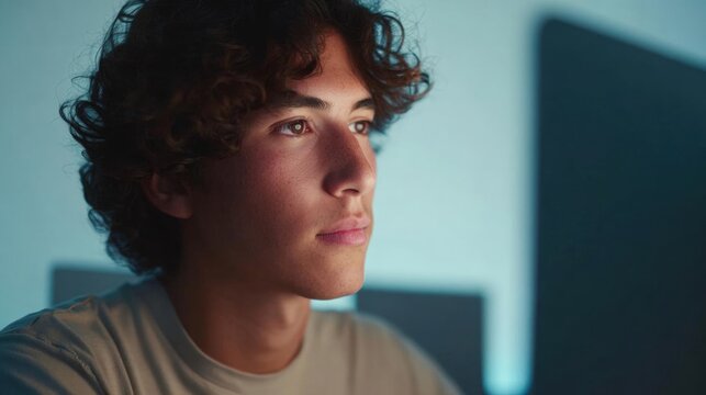 Close-up portrait of a young man with curly hair. he is looking off to the side with a thoughtful expression on his face. he appears to be in his late teens or early twenties.