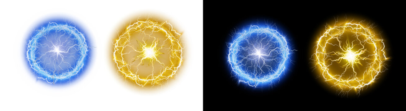 PNG image of vibrant blue and brilliant yellow glowing electrical plasma energy orbs isolated on transparent background