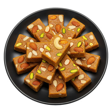 Diamond cut almond barfi stacked on matte black plate isolated on white background