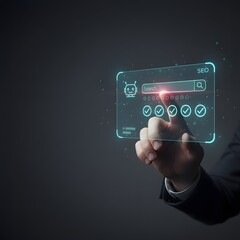 Fototapeta premium Businessman interacting with a futuristic artificial intelligence hologram and glowing digital network