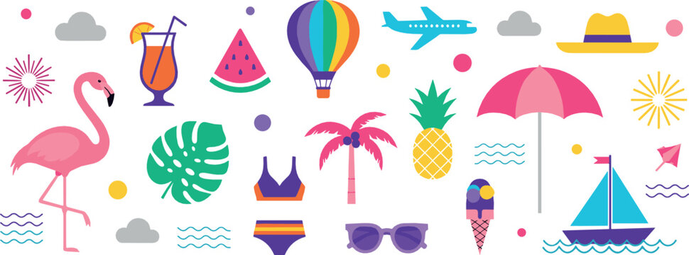 Summer vacation icons set with flamingo umbrella airplane and beach elements flat vector illustration