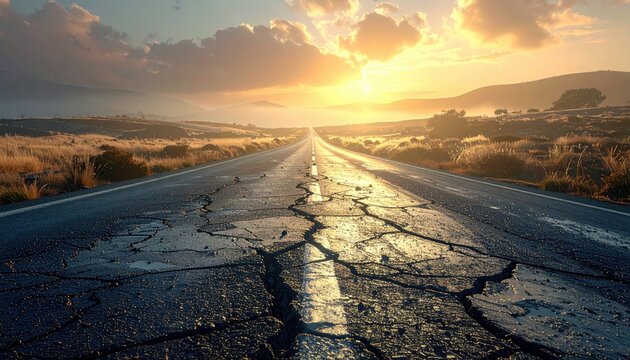 FlyPro Firefly captures an intricate network of cracked and broken asphalt roadways, leading towards a hazy morning horizon in a detailed photographic scene, symbolizing a journey to nowhere.