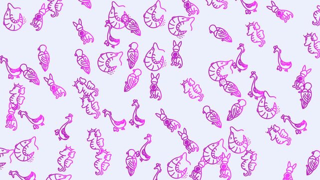 Doodle animal seamless pattern background shrimp rabbit parrot peacock seahorse goose suitable for children's designs, fabric prints, wallpaper, wrapping paper, or digital backdrops.