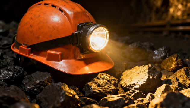 Close-up of an orange miner's hard hat with an illuminated headlamp, casting a bright beam on raw coal chunks in a dark underground mine environment