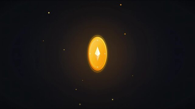 Spinning gold coin glowing on dark background, cryptocurrency and finance animation