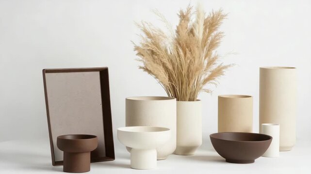 Items are placed in various setups showcasing vases and decorative objects with dried plants in a simple setting