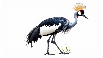 Obraz premium Grey Crowned Crane Elegant Bird on White Background Graceful Wildlife Portrait Captivating Avian Beauty.