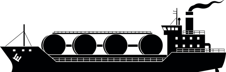 Silhouette cargo tanker ship carrying large cylindrical oil tanks across the sea in minimalist industrial vector design © tofajjol studio