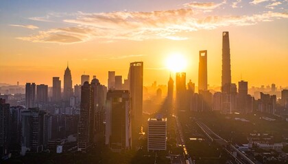Fototapeta premium Cityscape at Sunrise Featuring Modern Architecture and Golden Light Illuminating the Skyline.