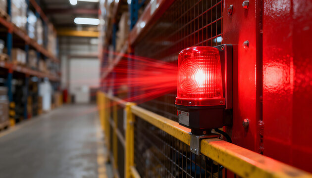 Vibrant red warning light illuminates an industrial warehouse aisle, highlighting safety protocols and an active operational environment with dynamic laser beams