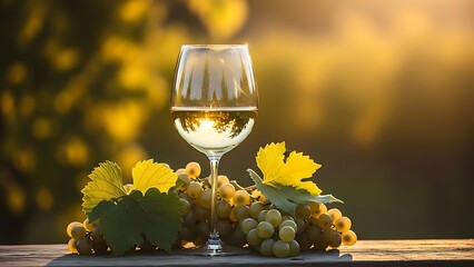 A glass of white wine on a table with grapes and leaves