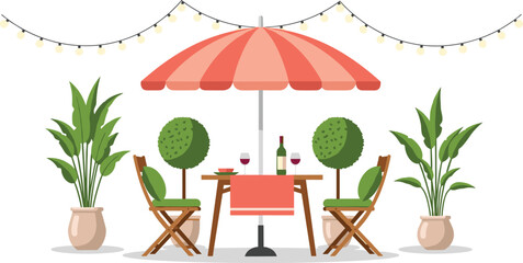 Flat vector illustration of a cozy outdoor cafe patio with garden furniture umbrella potted plants and string lights for summer restaurant terrace promotion. © MDFiroj