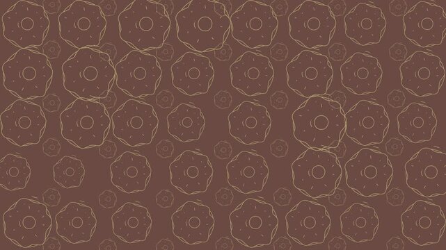 Food doodle artfully repeats delicious donuts in a charming pattern on a brown background. Perfect for food blogs, menus, packaging.
