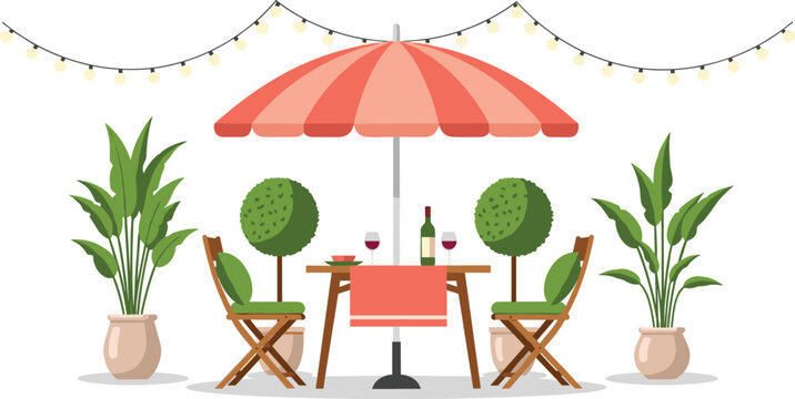 Flat vector illustration of a cozy outdoor cafe patio with garden furniture umbrella potted plants and string lights for summer restaurant terrace promotion.