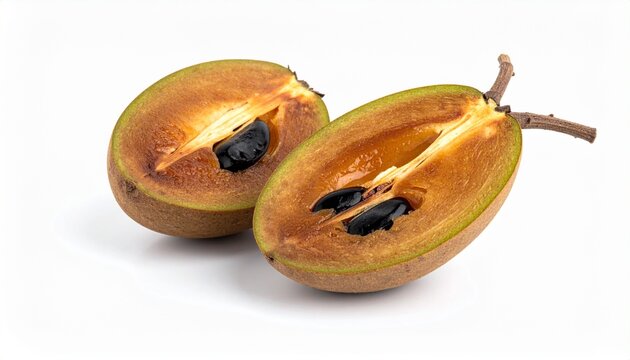 Fresh and Exotic Sapodilla Fruit Halves Displaying Rich Texture and Seeds Isolated on White Background.