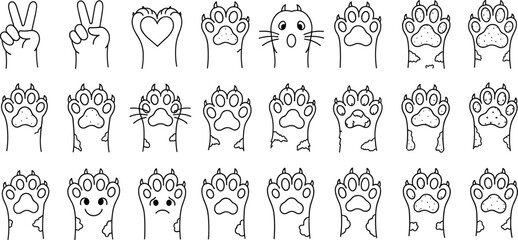Hand drawn vector set of cute cat paw icons featuring peace signs, heart shapes, funny faces, and animal footprints in a minimalist black line art style.